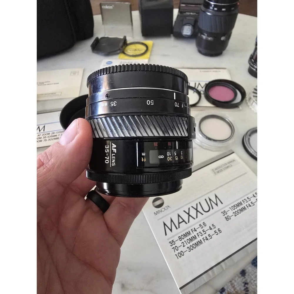 Minolta Maxxum 7000 35mm Film Camera Bundle, ‎ 4 Lenses, Flash, Filters, Manuals